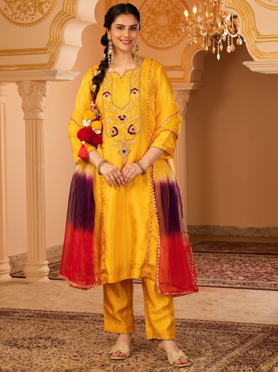Sunblessed bright Yellow Hand Embroidered Silk 3 piece Suit set