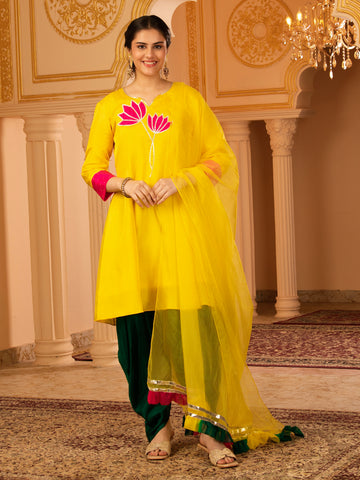 Fuschia Lotus bright Yellow A-shape Silk 3 piece Suit set