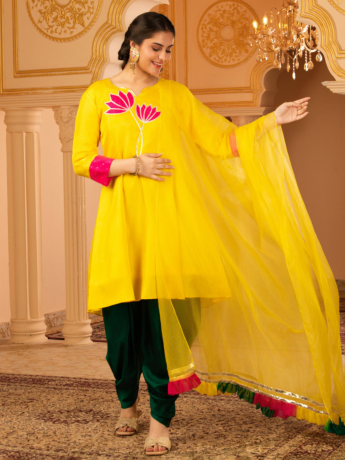 Fuschia Lotus bright Yellow A-shape Silk 3 piece Suit set