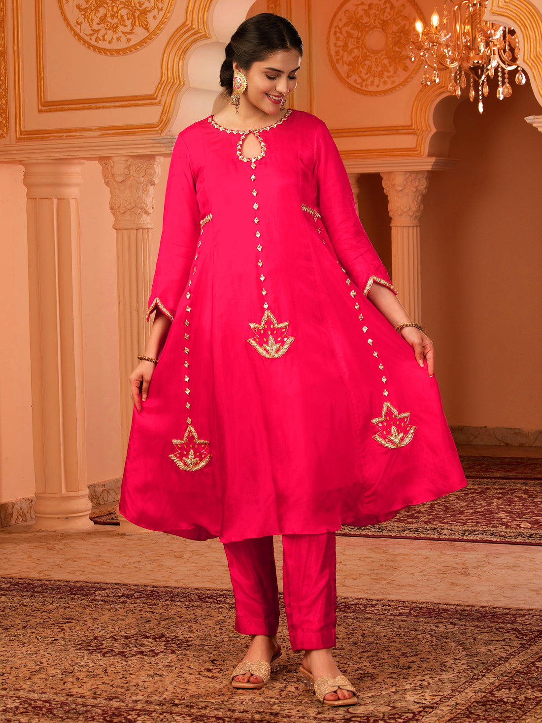 Kamal nayan Bright Pink Hand Embroidered A-shape Silk 3 piece Suit set