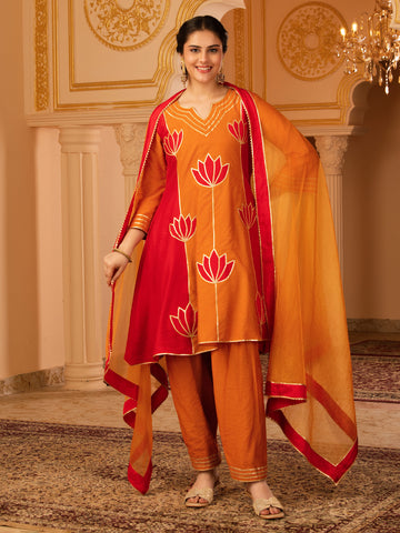 Lotuskissed Burnt Orange & Red Gota patti A-shape Mul Chanderi Silk 3 piece Suit set