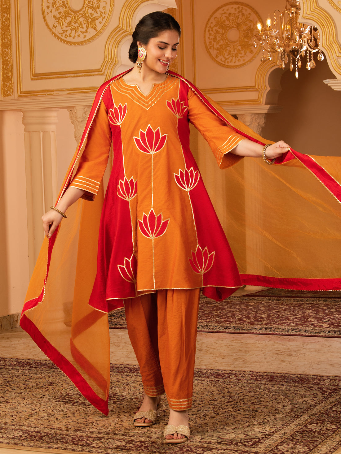 Lotuskissed Burnt Orange & Red Gota patti A-shape Mul Chanderi Silk 3 piece Suit set