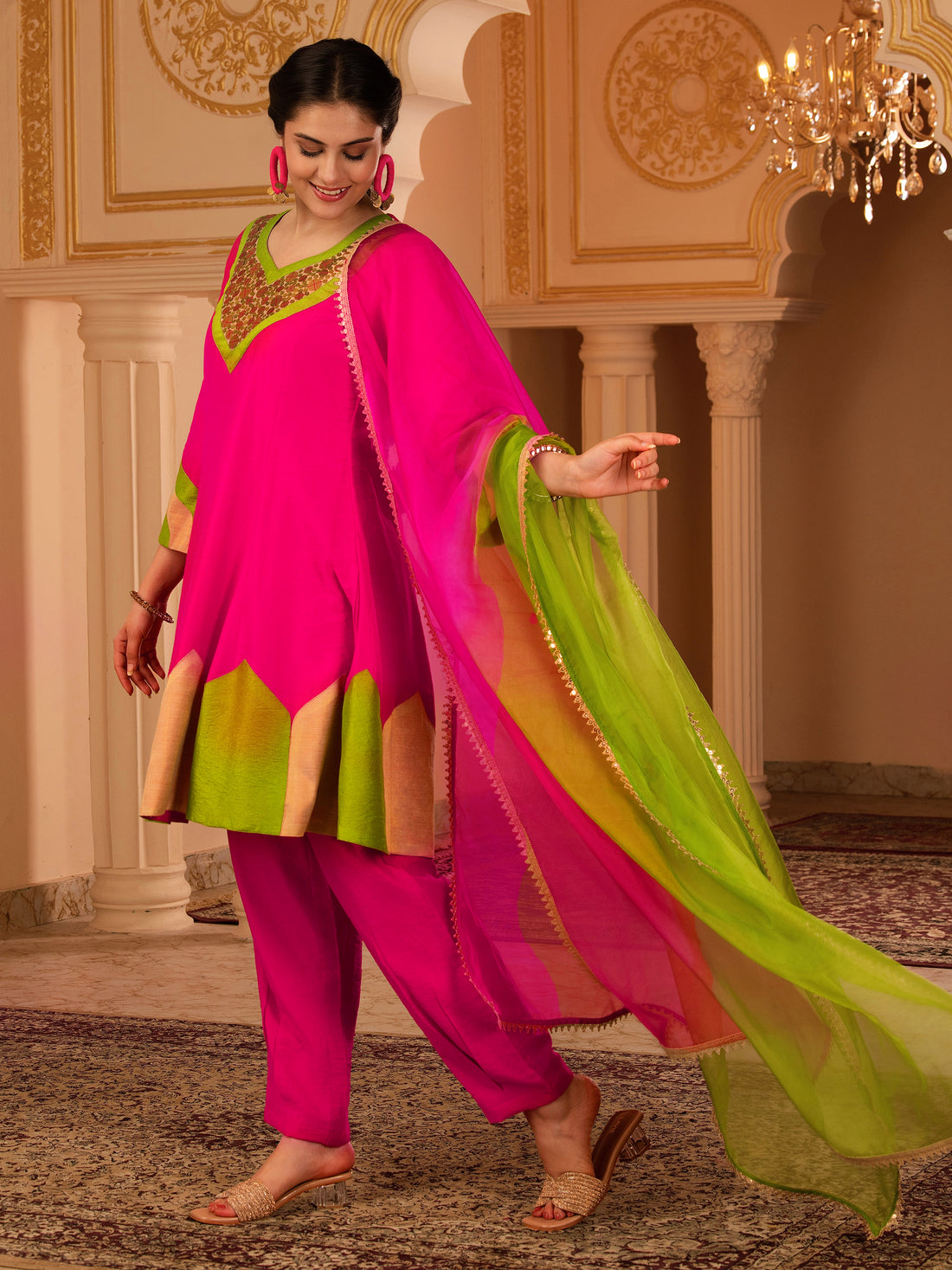 Suraiya Pink Hand Embroidered A-line Mul Chanderi 3 piece Suit set