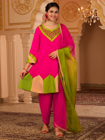 Suraiya Pink Hand Embroidered A-line Mul Chanderi 3 piece Suit set