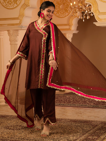Love over Coffee Brown Silk 3 piece Suit set