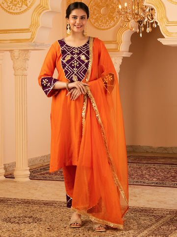 Birdie paradise Orange Hand Embroidered Gota patti Mul Chanderi Silk 3 piece Suit set