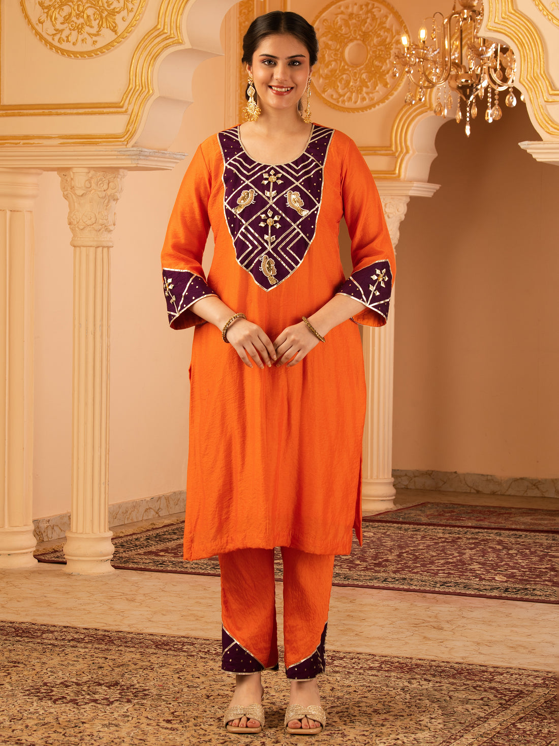 Birdie paradise Orange Hand Embroidered Gota patti Mul Chanderi Silk 3 piece Suit set