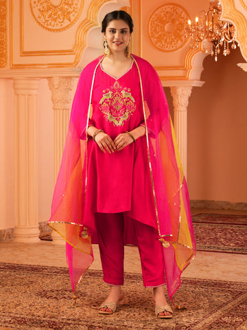 Love Birds Fuschia Pink Silk A-shape 3 piece Suit set