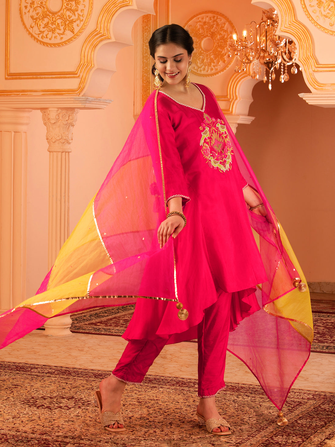 Love Birds Fuschia Pink Silk A-shape 3 piece Suit set