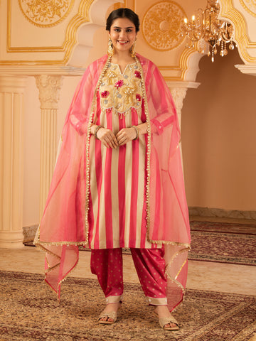 Flamingo Love  Pink Tusser Silk 3 piece Suit set