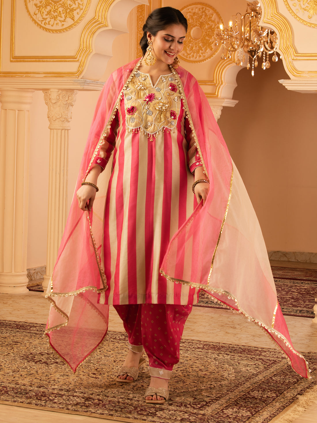 Flamingo Love  Pink Tusser Silk 3 piece Suit set