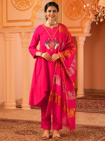 Peacock Love  Fuschia Pink A-shape Mul Chanderi 3 piece Suit set