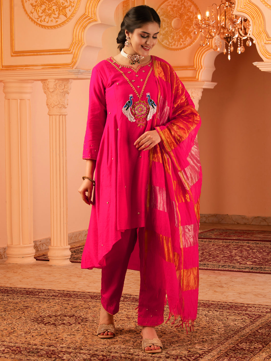 Peacock Love  Fuschia Pink A-shape Mul Chanderi 3 piece Suit set