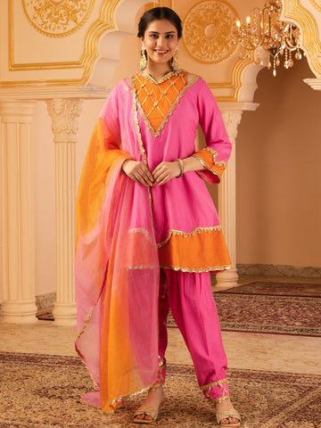 Pink & Orange Mul Chanderi A-shape with Farshi Salwar 3 piece Suit set