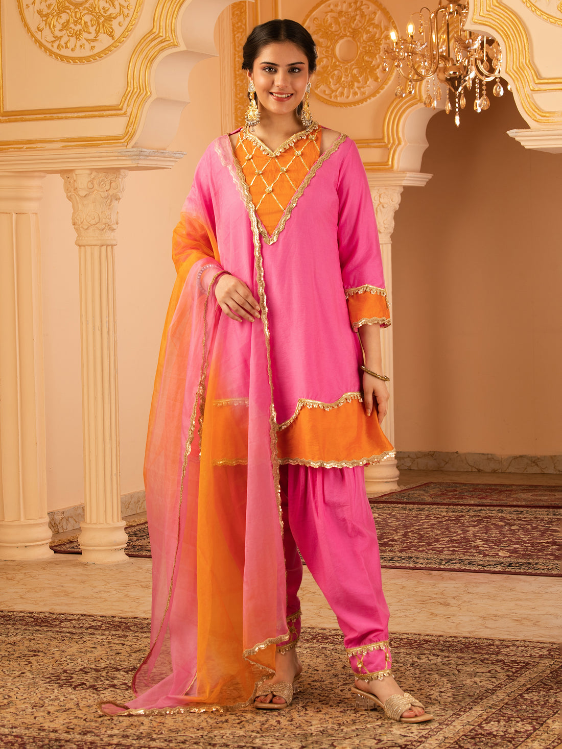 Pink & Orange Mul Chanderi A-shape with Farshi Salwar 3 piece Suit set