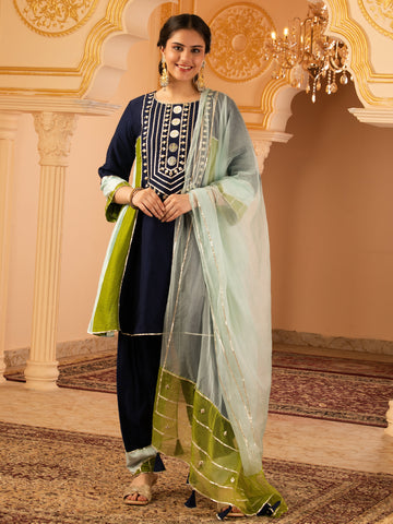 Navy Blue Mul Chanderi A shape with Farshi Salwar 3 piece Suit set