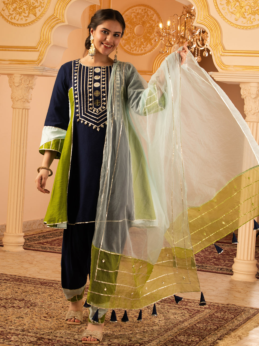 Navy Blue Mul Chanderi A shape with Farshi Salwar 3 piece Suit set