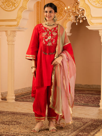 Tarini Red Hand Embroidered Silk Suit