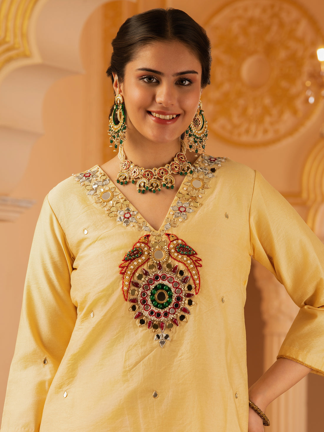 Beige Golden Hand Embroidered Silk 3 piece Suit set