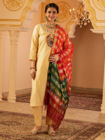 Beige Golden Hand Embroidered Silk 3 piece Suit set
