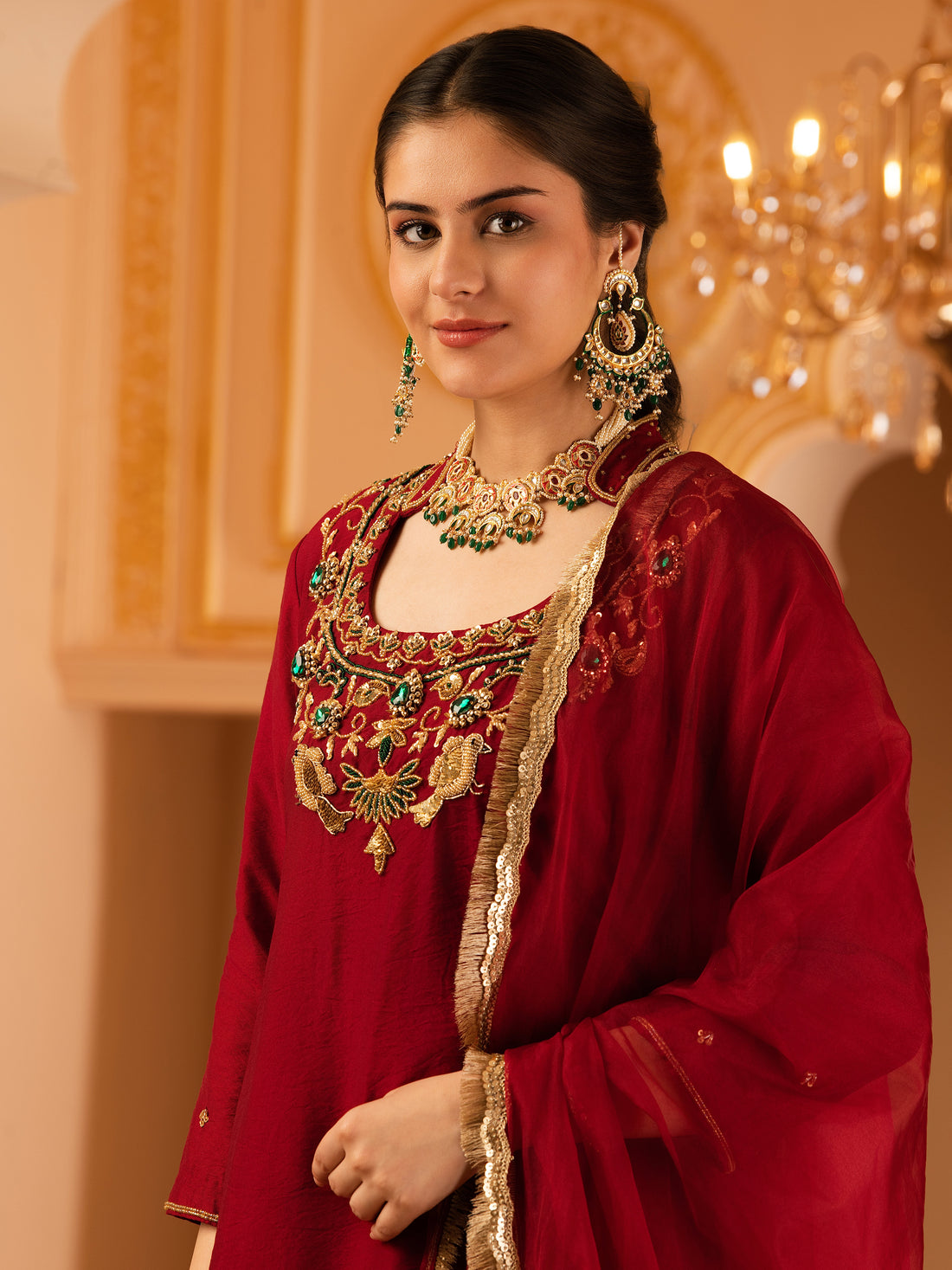 Maroon Hand Embroidered Mul Chanderi 3 piece Suit set