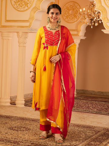 Tarangini Deep Yellow Hand Embroidered Silk Suit