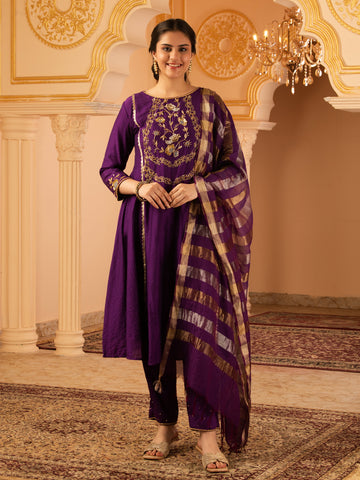 Purple Hand Embroidered A-shape Mul Chanderi 3 piece Suit set
