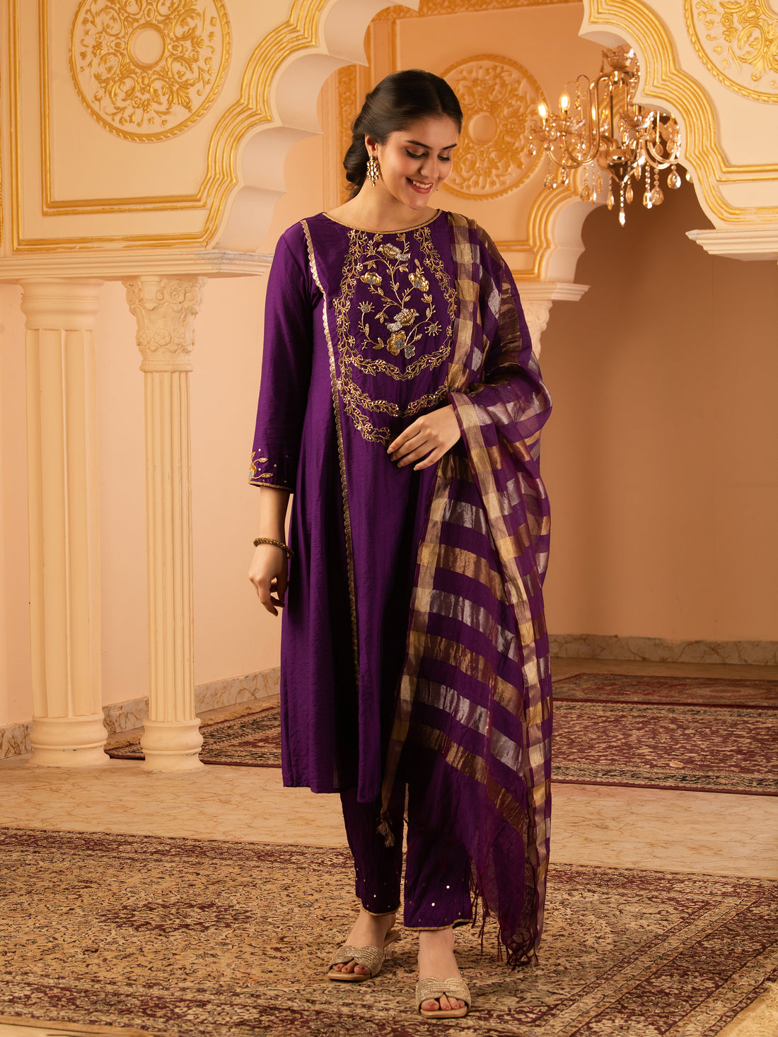 Purple Hand Embroidered A-shape Mul Chanderi 3 piece Suit set