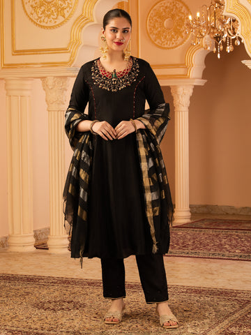 Noorie Black Hand Embroidered A-shape Silk 3 piece Suit set