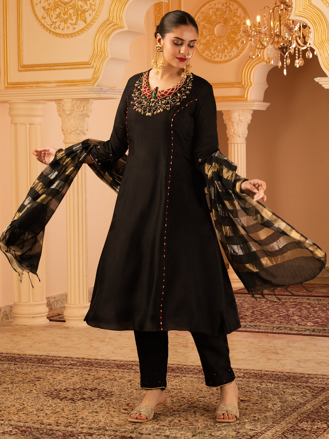 Noorie Black Hand Embroidered A-shape Silk 3 piece Suit set