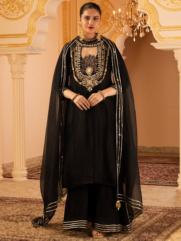 Hoor Black Hand Embroidered Silk 3 piece Suit set