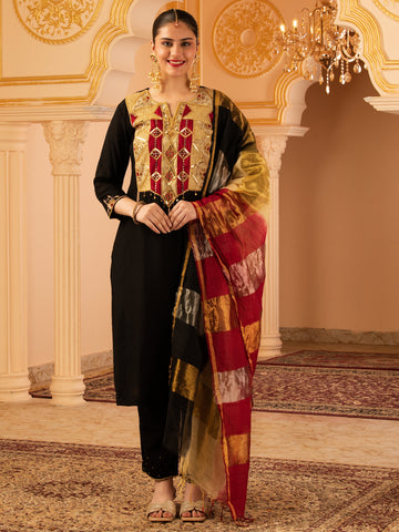 Shukra Black Hand Embroidered Mul Chanderi 3 piece Suit set