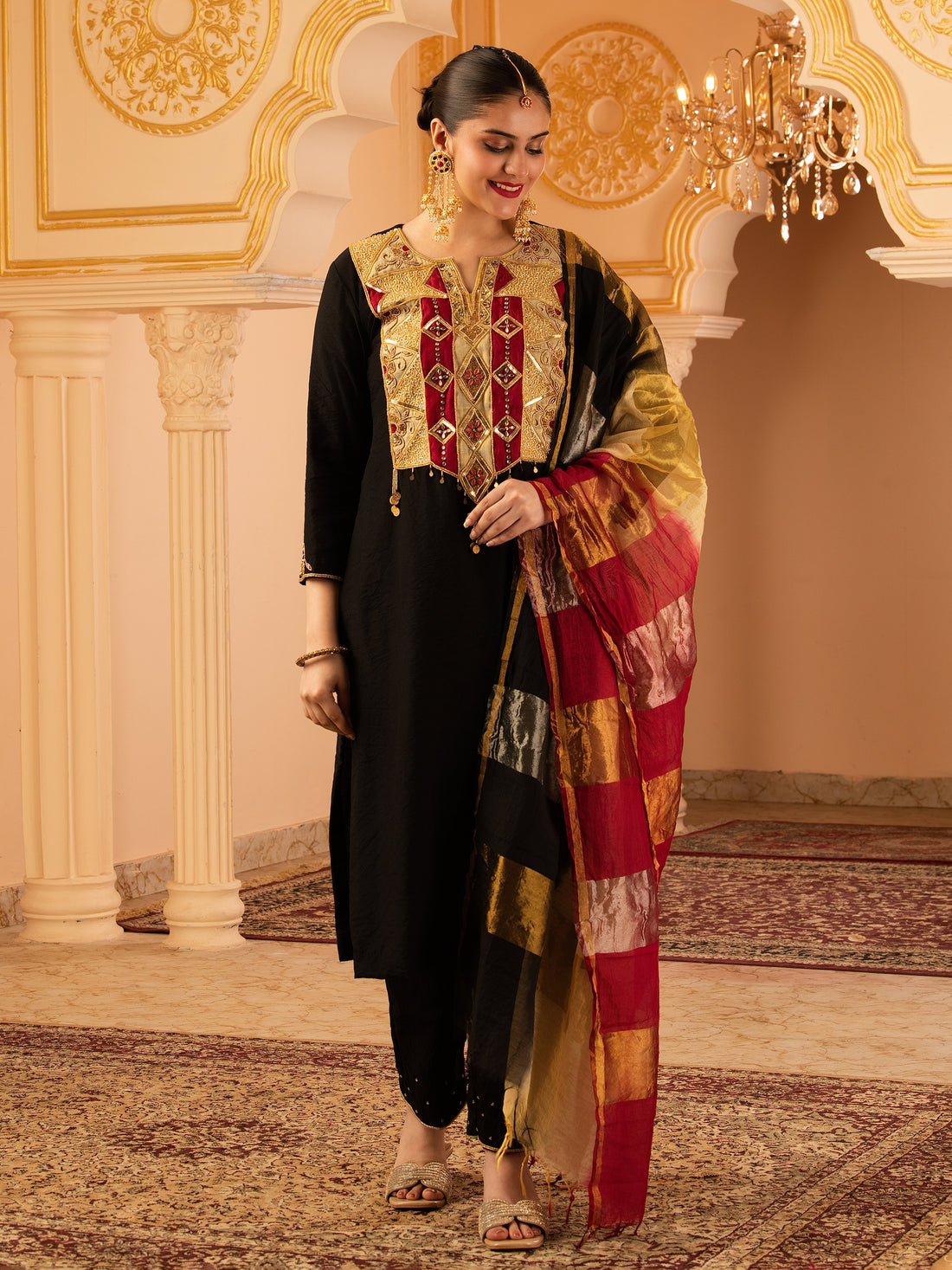 Shukra Black Hand Embroidered Mul Chanderi 3 piece Suit set