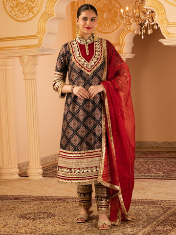 Indriya Black Gota A-shape Tusser Silk 3 piece Suit set