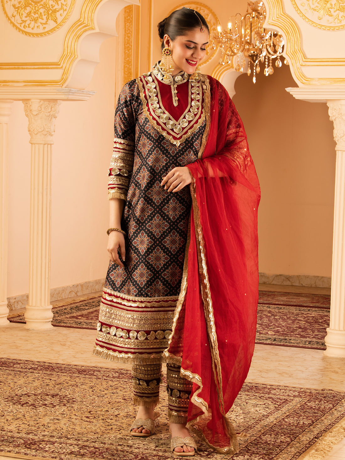 Indriya Black Gota A-shape Tusser Silk 3 piece Suit set