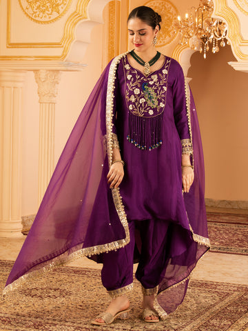 Mohini Deep Purple Hand Embroidered Silk Suit