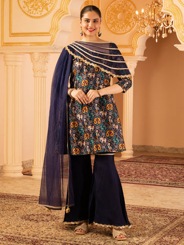Shayani Navy Blue A-shape Tusser Silk 3 piece Suit set