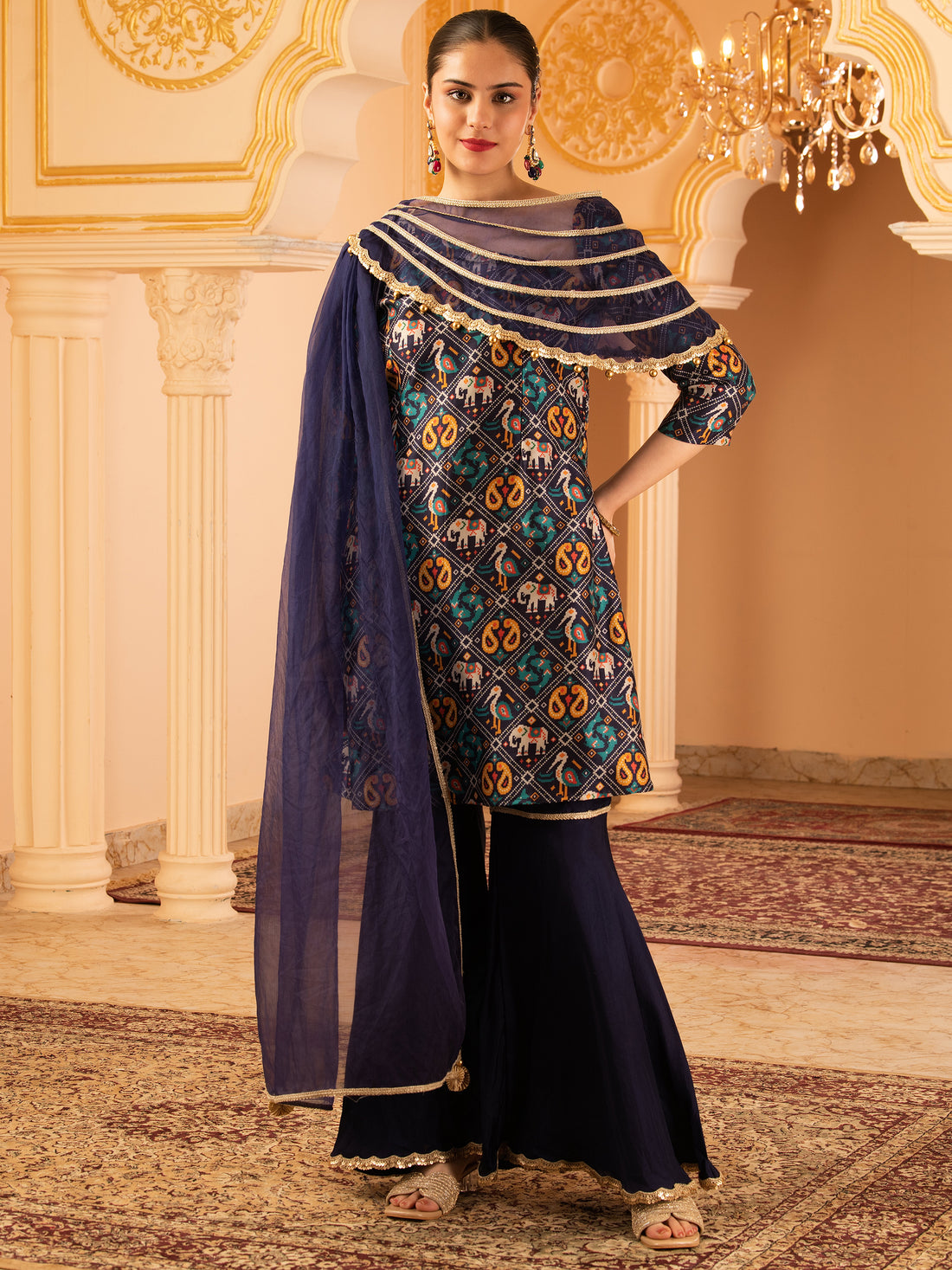 Shayani Navy Blue A-shape Tusser Silk 3 piece Suit set