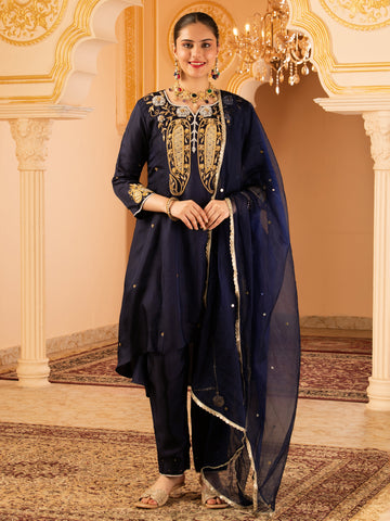 Kohinoor Deep Blue Silk A-shape 3 piece Suit set