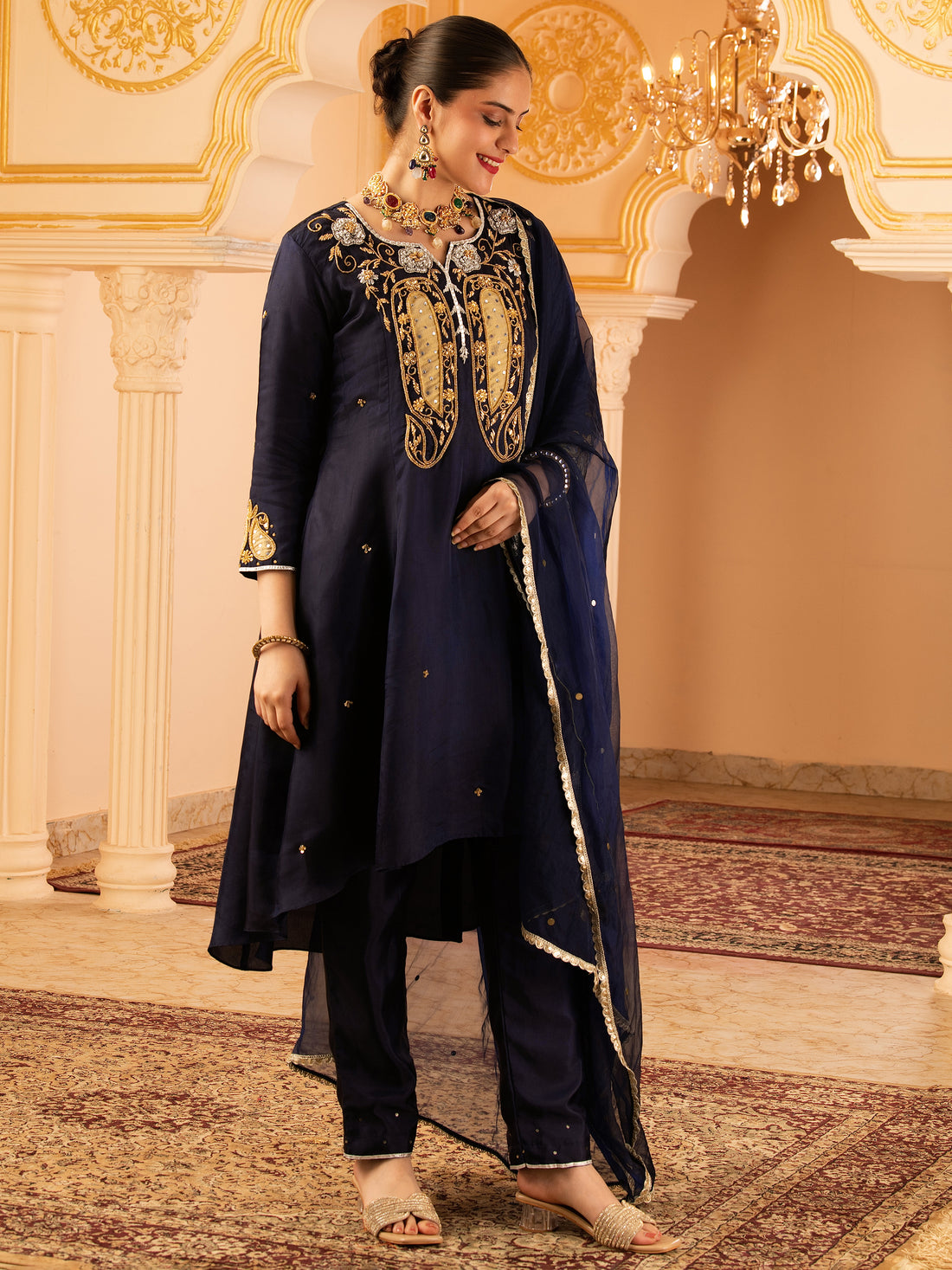 Kohinoor Deep Blue Silk A-shape 3 piece Suit set