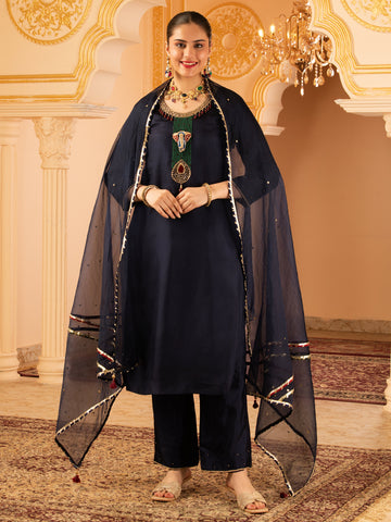 Aashni Navy Blue Hand Embroidered Silk 3 piece Suit set