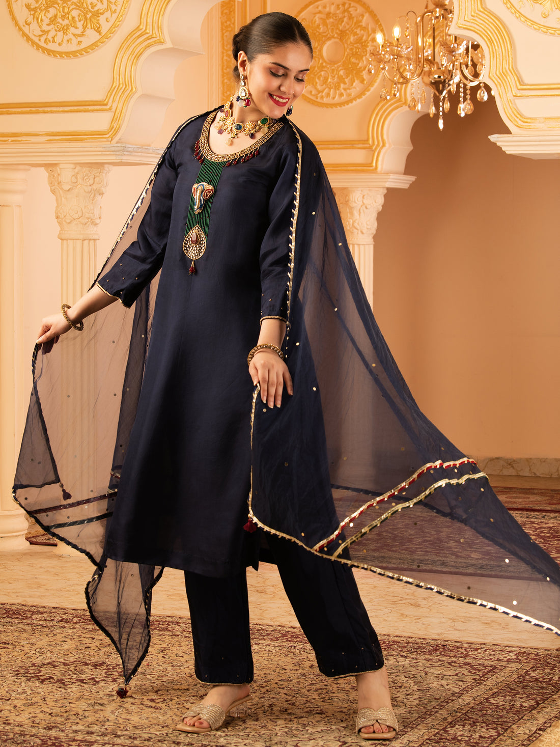 Aashni Navy Blue Hand Embroidered Silk 3 piece Suit set