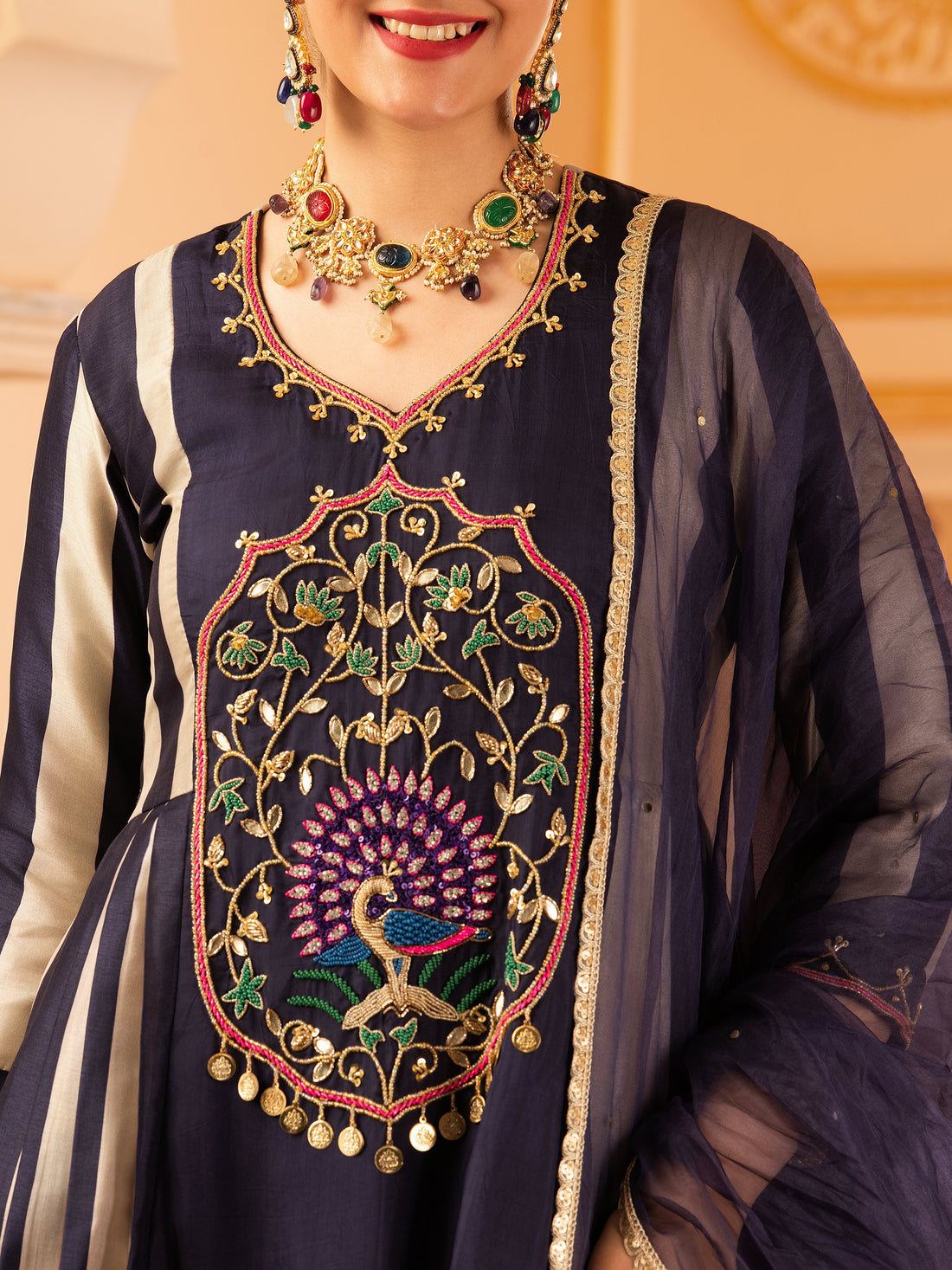 Indrani Deep Ink Blue A-shape Tusser Silk 3 piece Suit set