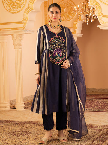 Indrani Deep Ink Blue A-shape Tusser Silk 3 piece Suit set
