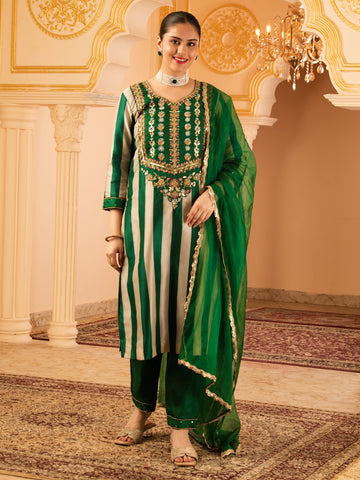 Shobita Dark Green Tusser Silk 3 piece Suit set