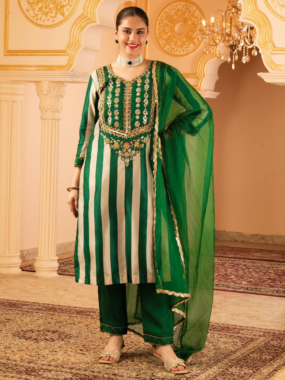 Shobita Dark Green Tusser Silk 3 piece Suit set