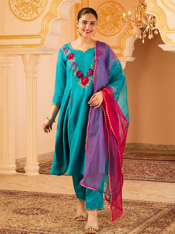 Sabr Blue Hand Embroidered A-line Mul Chanderi 3 piece Suit set