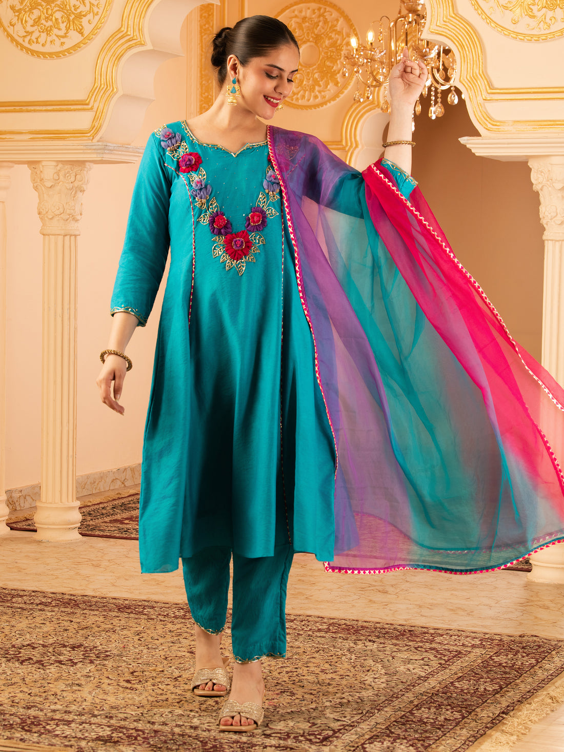 Sabr Blue Hand Embroidered A-line Mul Chanderi 3 piece Suit set
