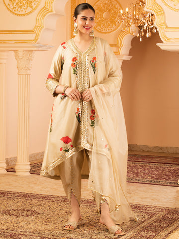 Saiyaara Beige A-shape Tusser Silk 3 piece Suit set