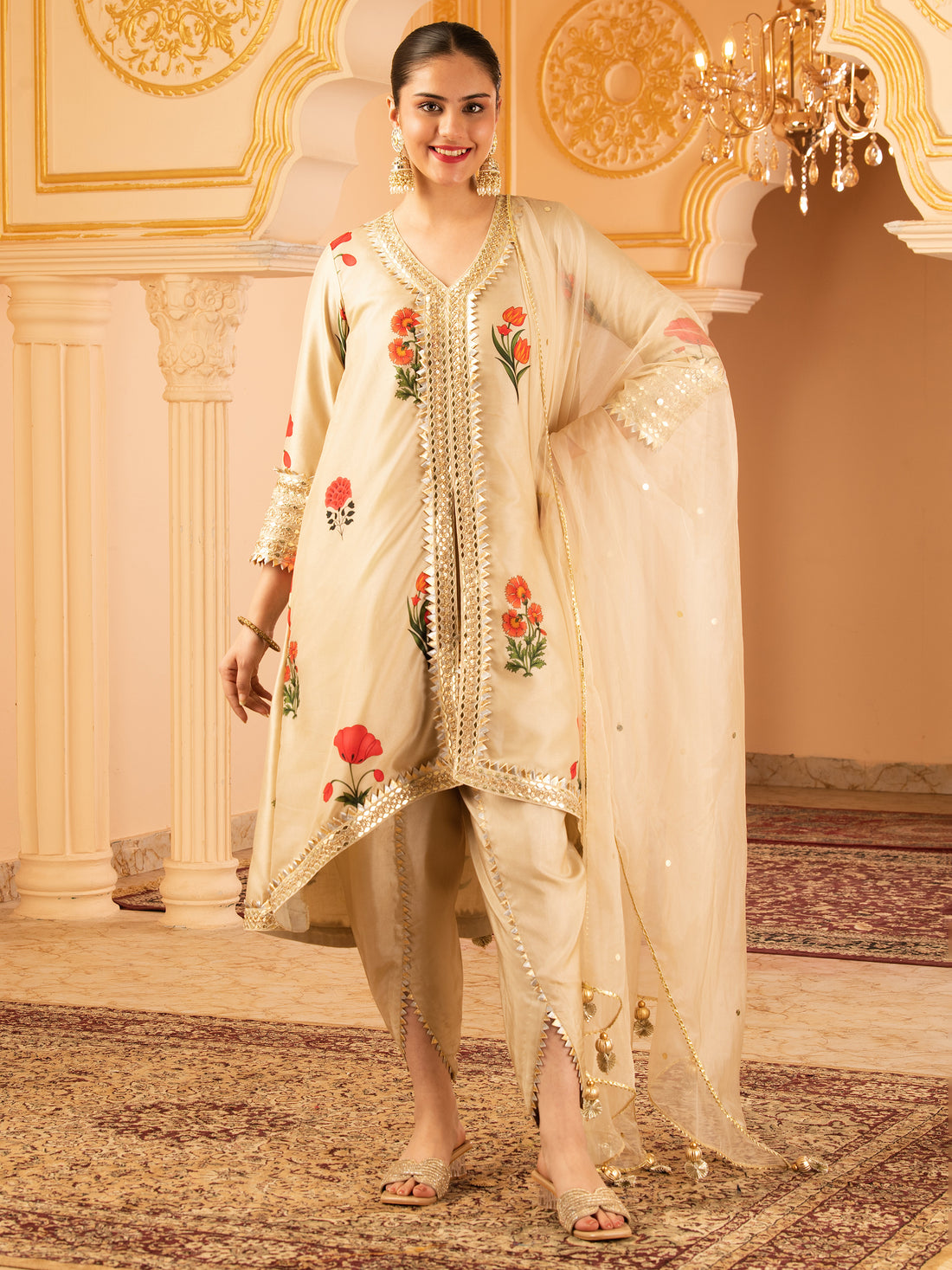 Saiyaara Beige A-shape Tusser Silk 3 piece Suit set